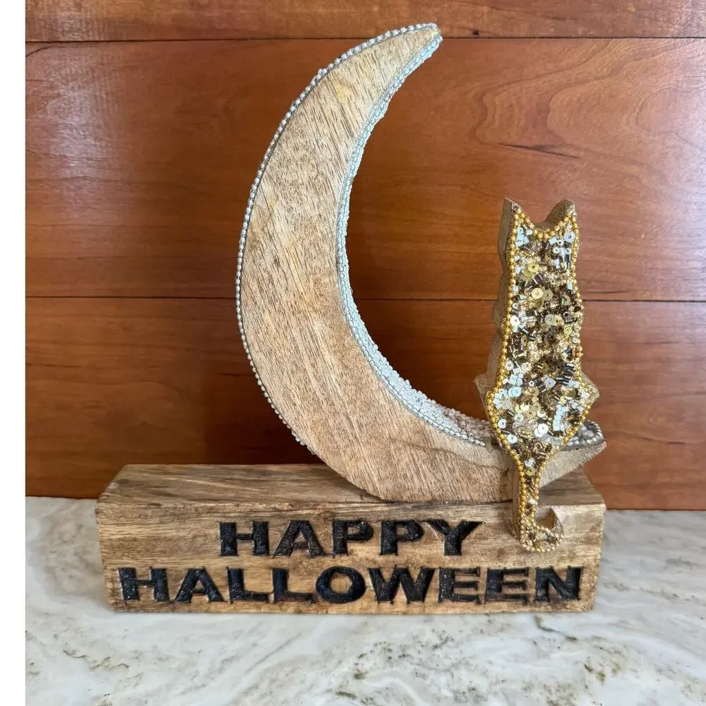Happy Halloween Rustic 3D Wooden Sign Cat Moon Decor